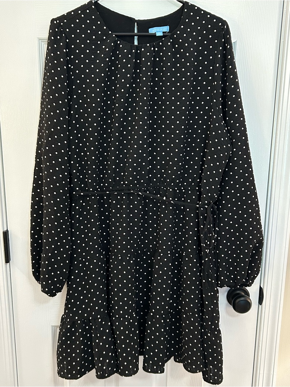 Draper James XXL Black White Polka Dot Long Sleeve Tie Waist Dress